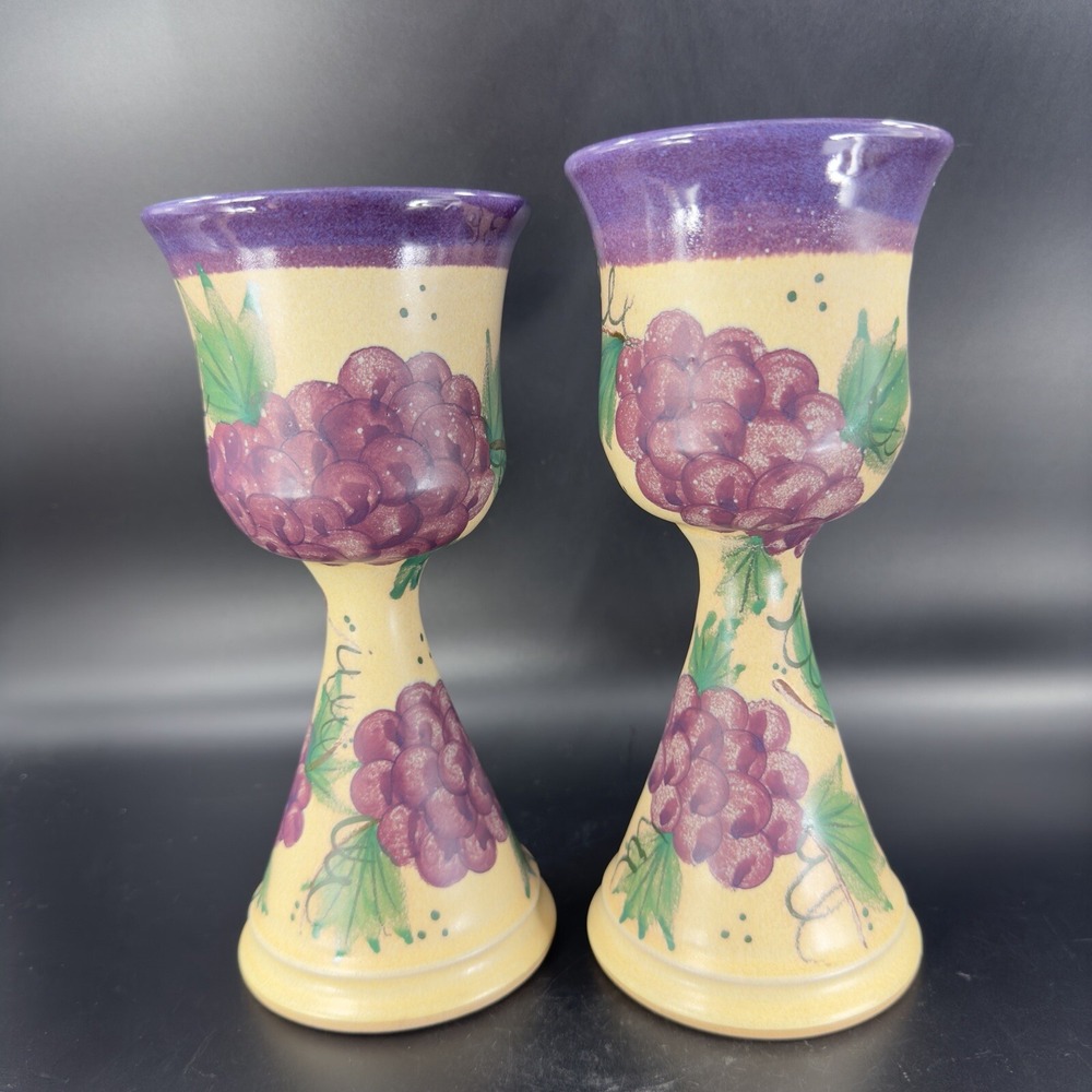 Studio Art Pottery Hand Made Goblets Wine Glasses Signed Purple Grapes Set of 2